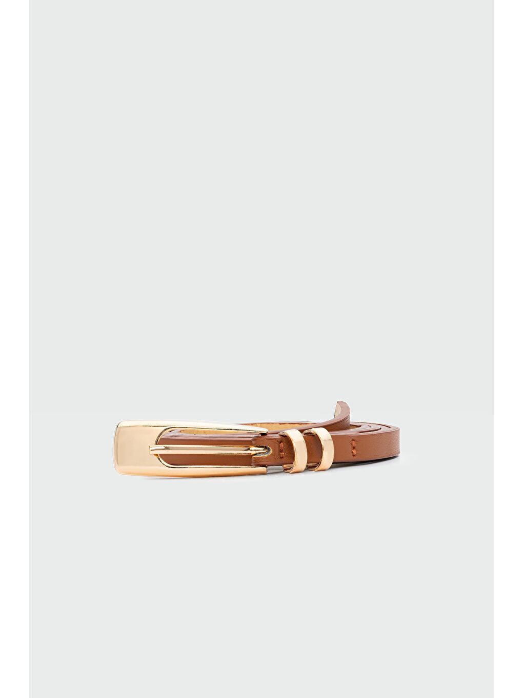 Kahverengi Uzun Dikdörtgen Tokalı İnce Suni Deri Kemer Taba