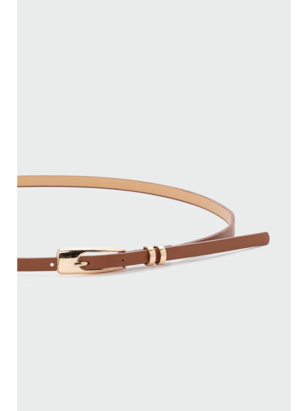 Kahverengi Uzun Dikdörtgen Tokalı İnce Suni Deri Kemer Taba-1