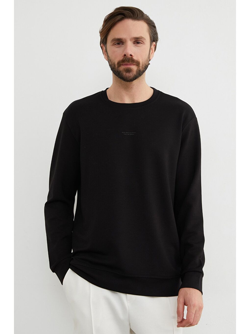 Siyah Basic Bisiklet Yaka Modal Kumaş Sweatshirt-1