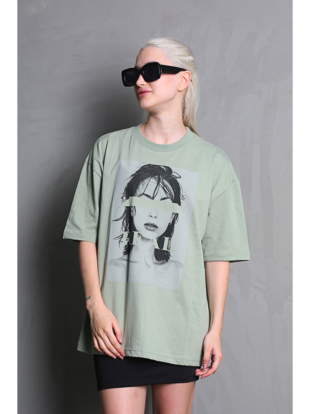 Çağla Yeşili Oversize Baskılı Kadın Tişört Mg1764-1