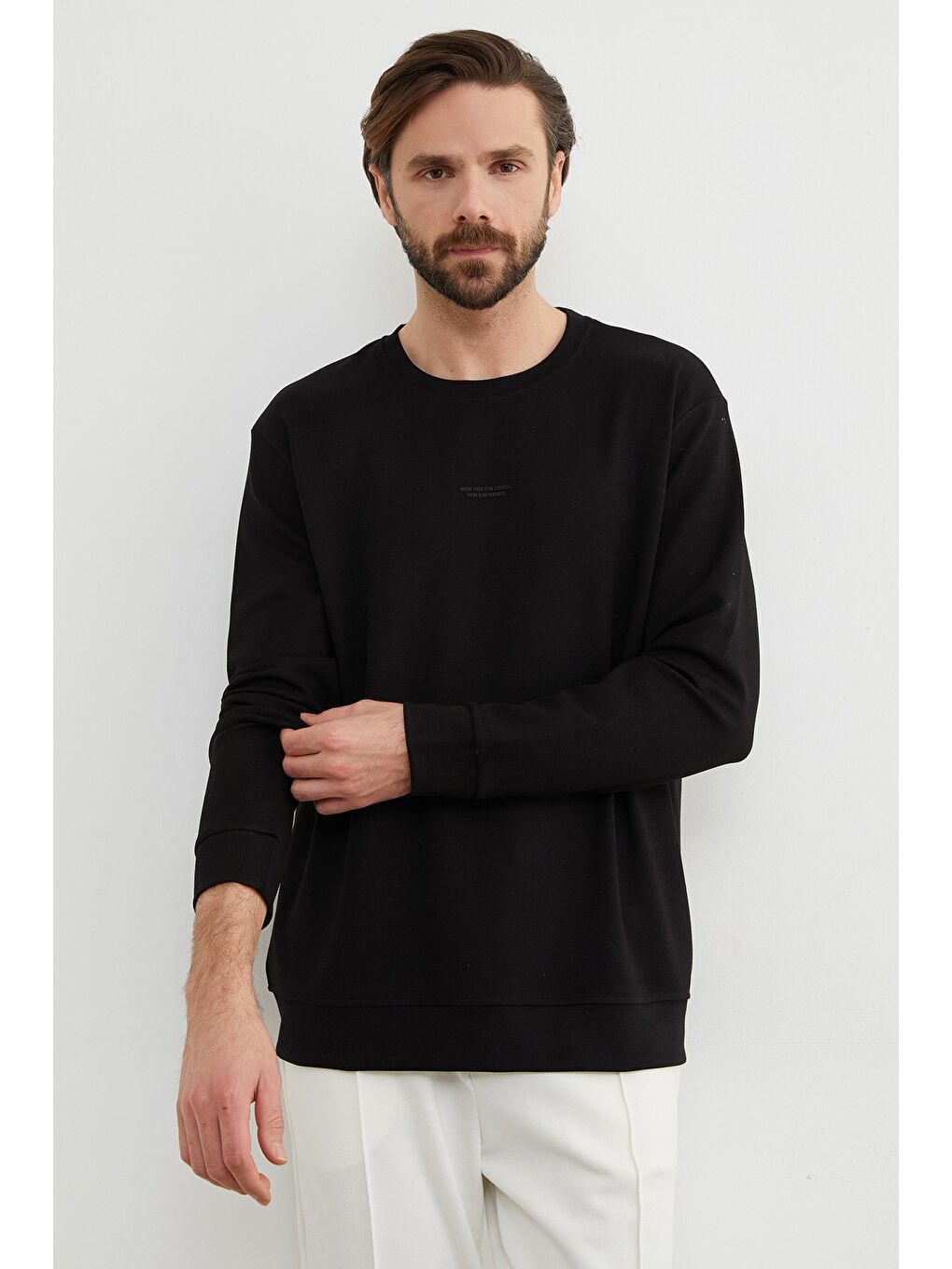 Siyah Basic Bisiklet Yaka Modal Kumaş Sweatshirt-3