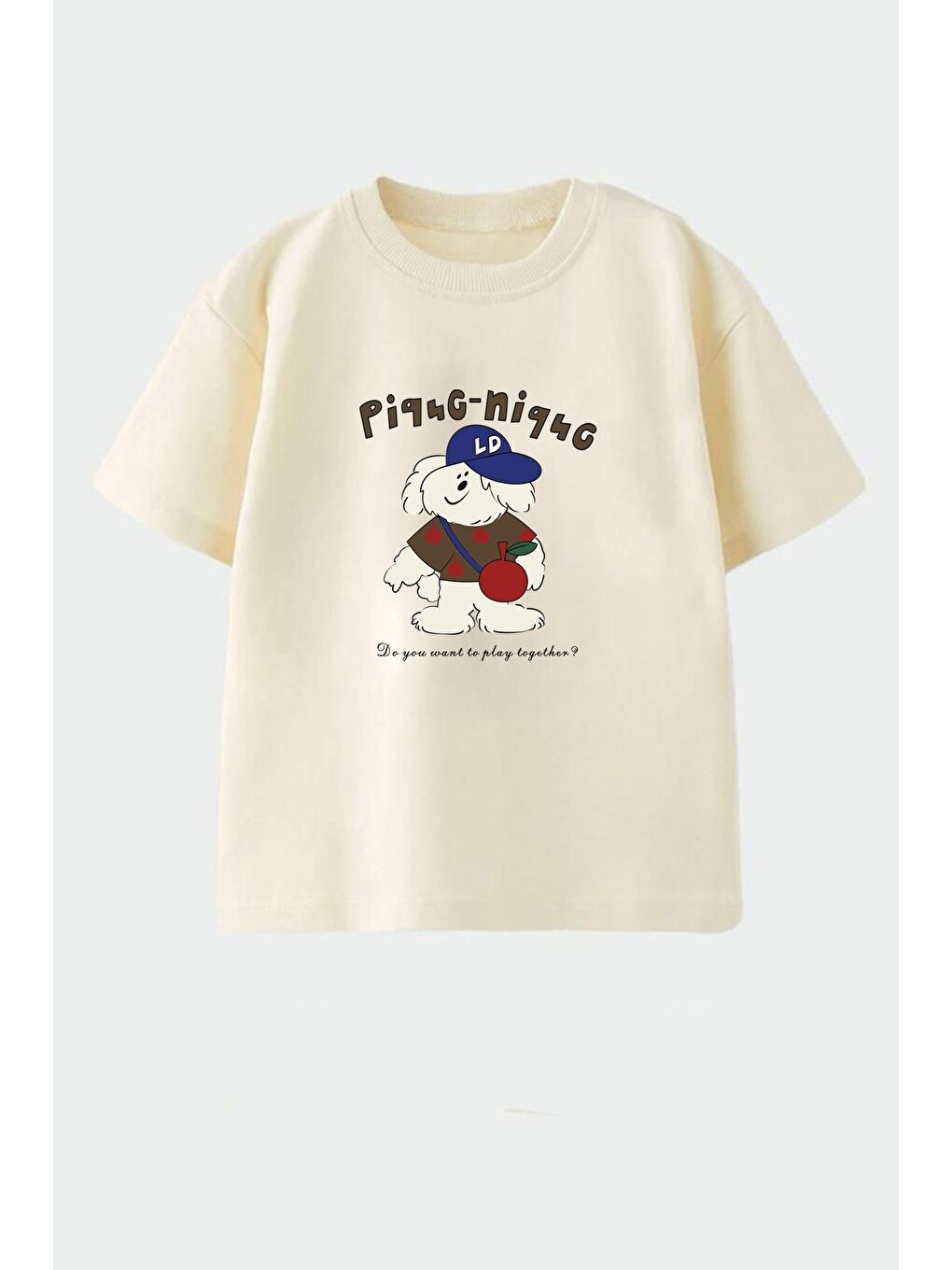 Bej Erkek Çocuk Pamuklu Bisiklet Yaka Baskılı T-Shirt