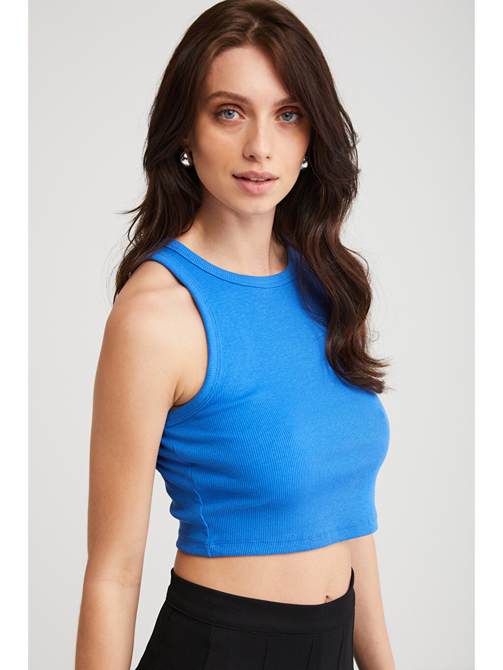 Joyce Kadın Slim Fit Dar Kalıp Sıfır Kol Bisiklet Yaka Örme Crop Mavi Atlet-2