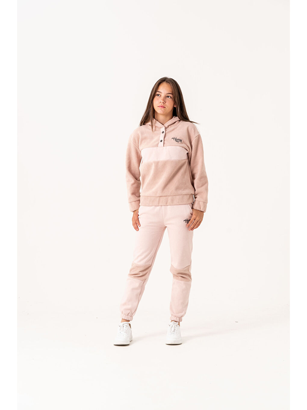 Pembe Happy Nakışlı Polar Kız Çocuk Alt-Üst Eşofman Takımı-4