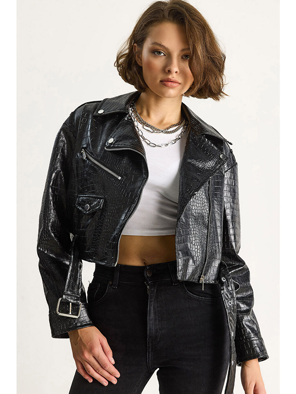 Siyah Kadın Kemerli Krokodil Crop Suni Deri Ceket