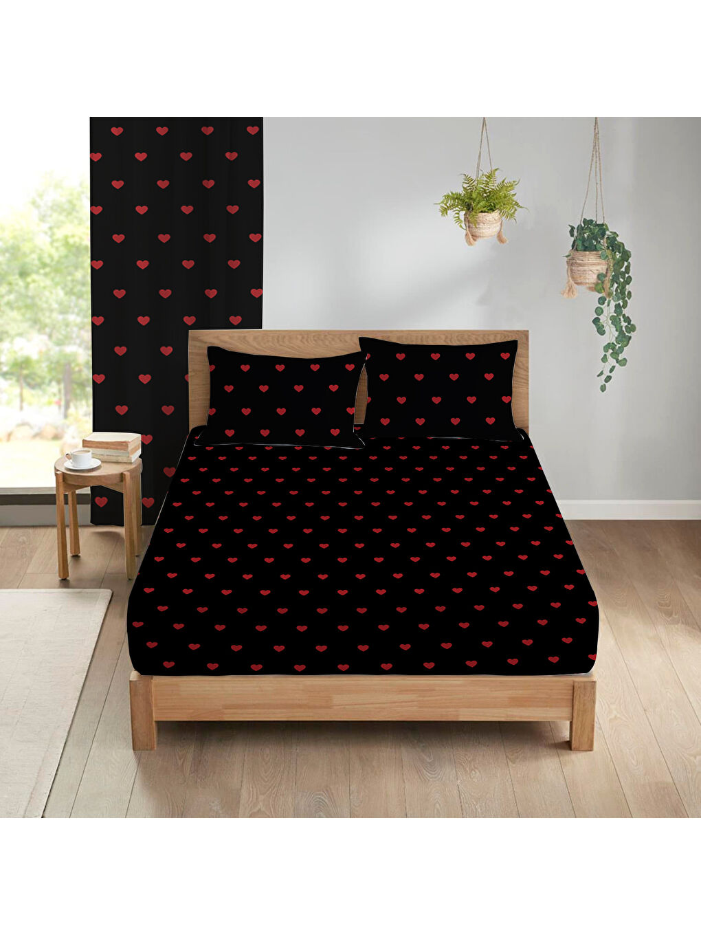 Evmila Karışık Kalp Desenli Baskılı 180x200 Çift Kişilik Lastikli Çarşaf Seti