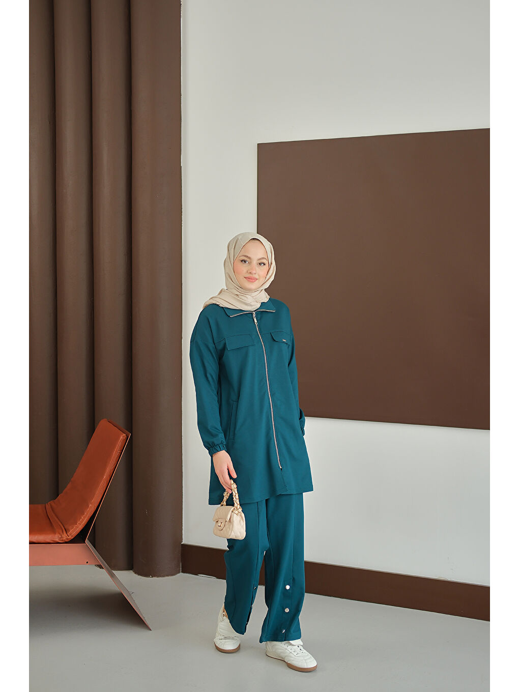 Kadın Yanları Çıtçıt Detay Fermuarlı Takım Petrol Mavi-1