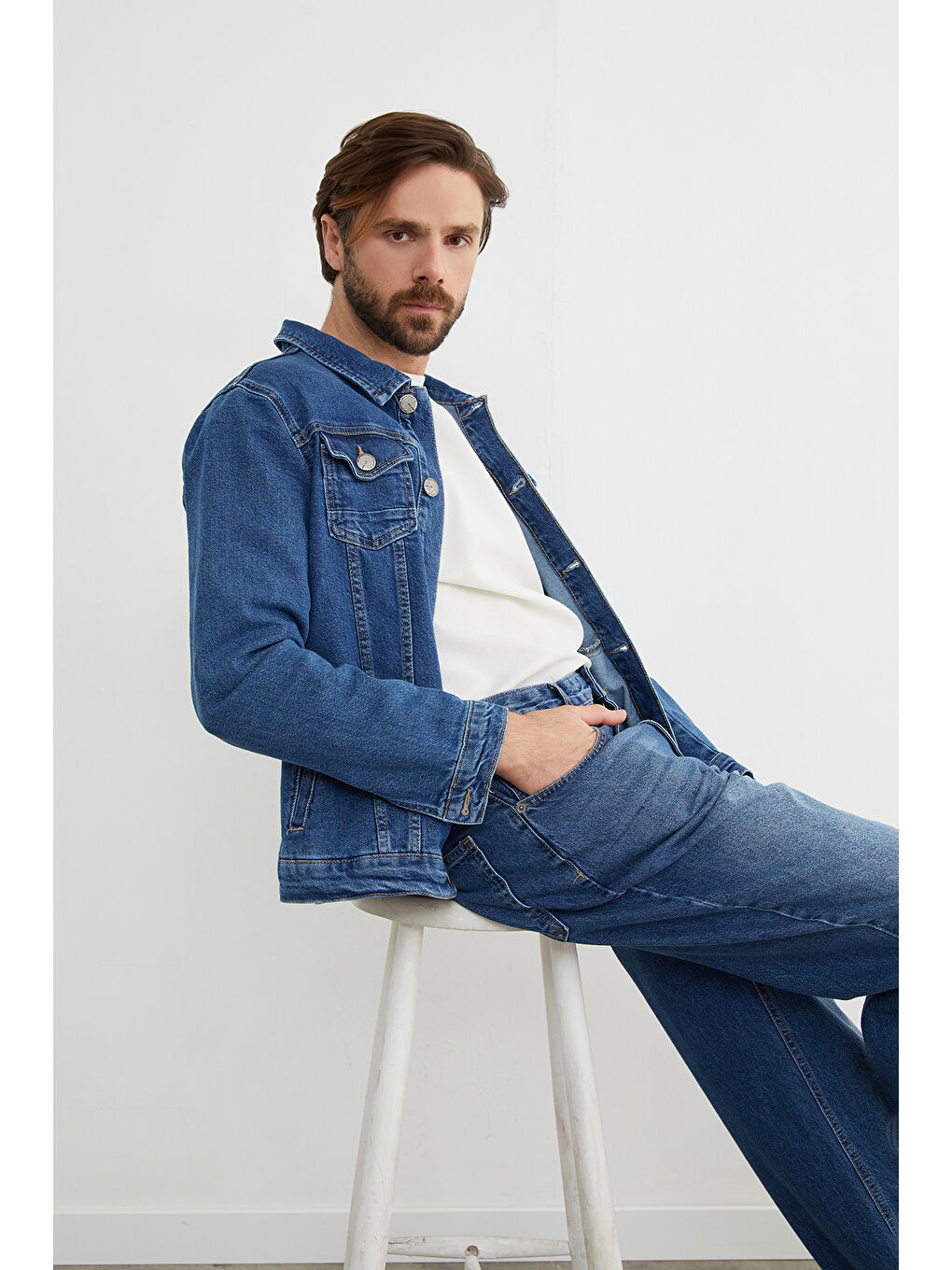 Mavi Düğmeli Cepli Jean Ceket-1