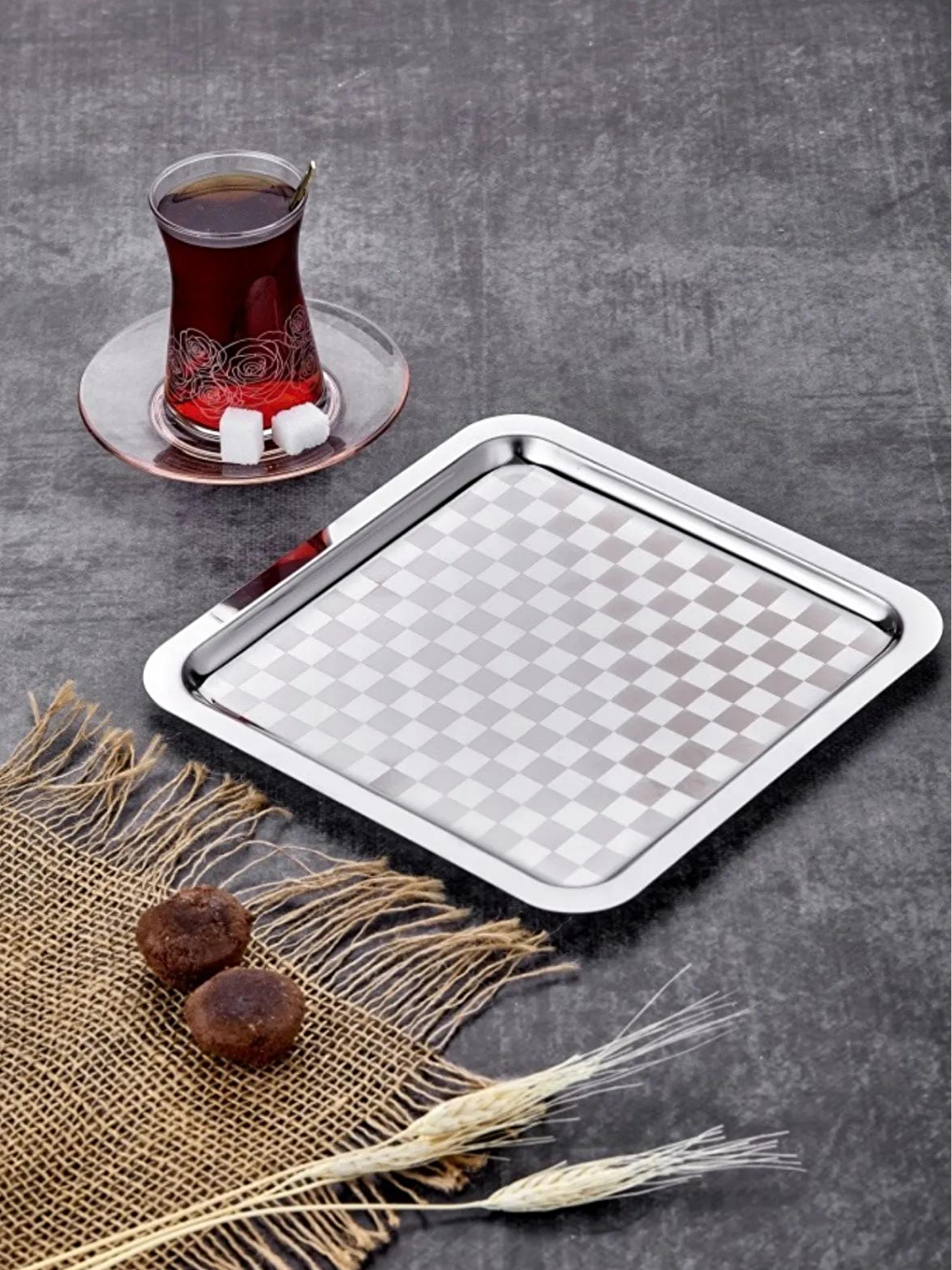 Kitchen Design Lab Gümüş Damalı 6 Adet Kare Sunum Tepsisi Gümüş Çelik Gümüş Sunum 21 X 21 Cm Çay Kahve Tatlı Servis Sunum - 2