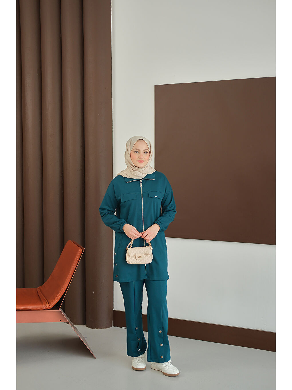 Kadın Yanları Çıtçıt Detay Fermuarlı Takım Petrol Mavi-2