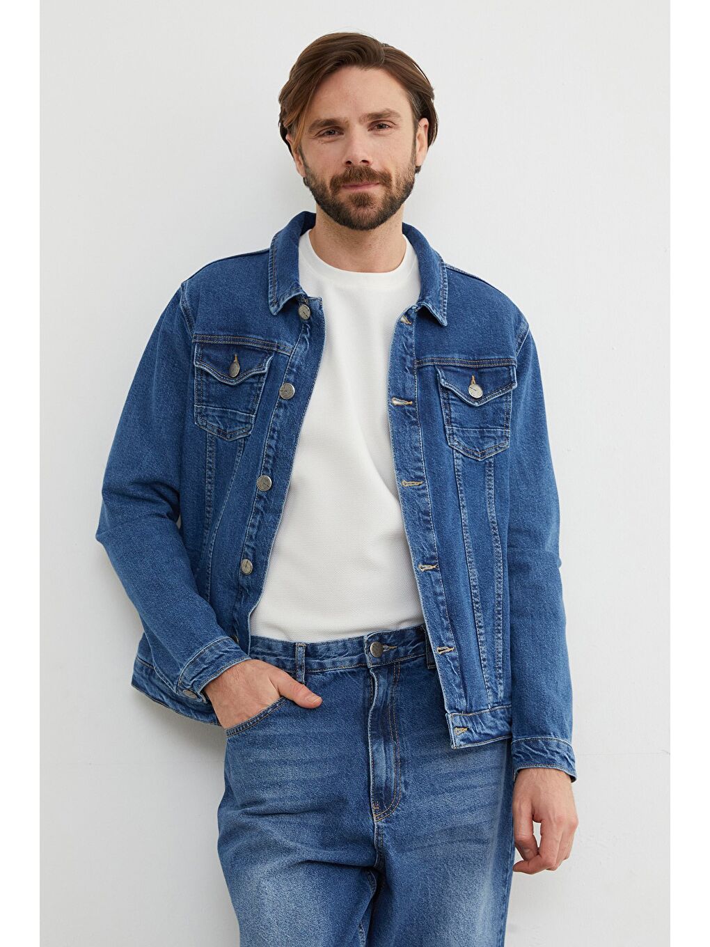 Mavi Düğmeli Cepli Jean Ceket-2