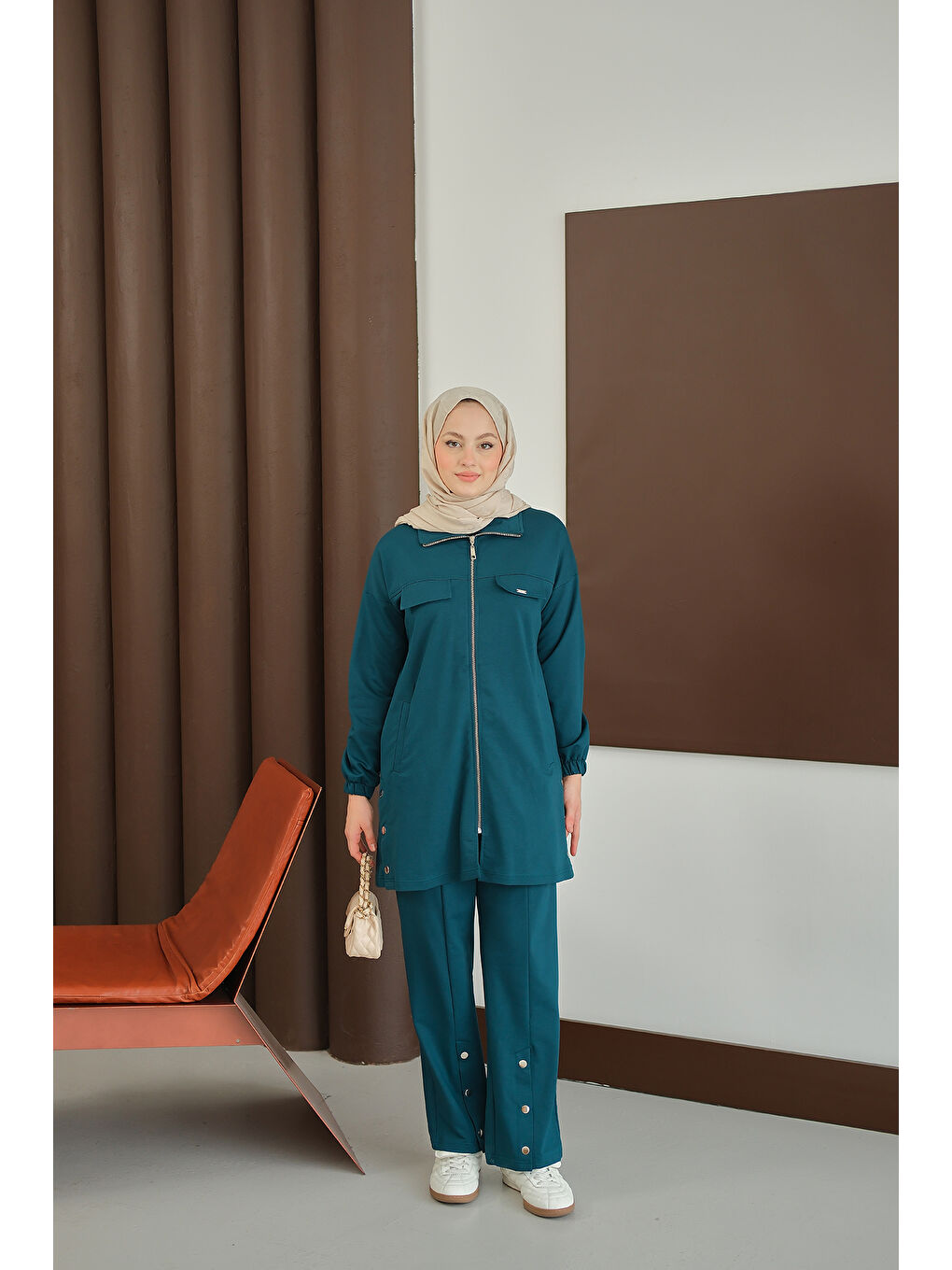 Kadın Yanları Çıtçıt Detay Fermuarlı Takım Petrol Mavi-3