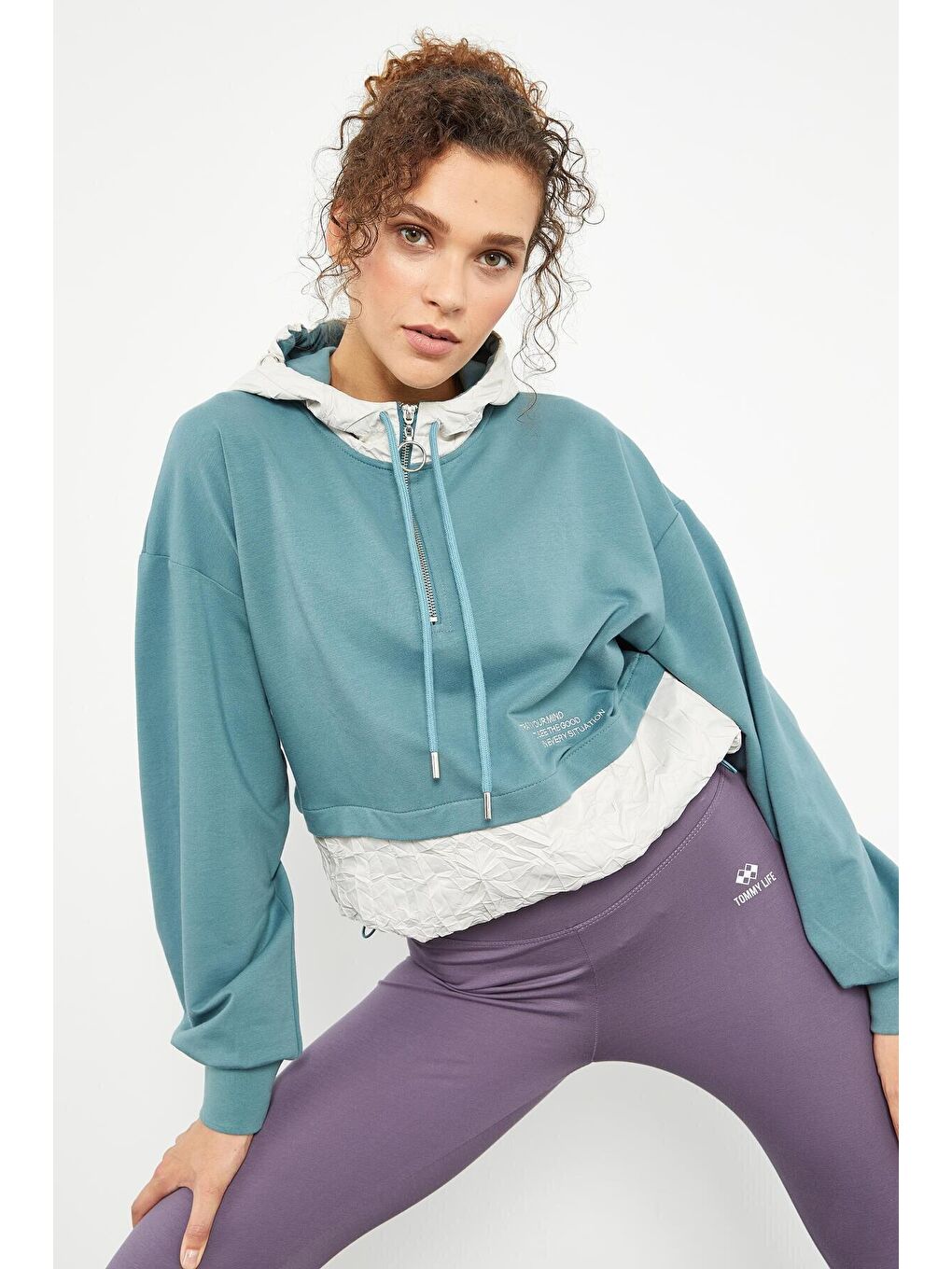 Mint Yeşili Balon Kol Paraşüt Kumaş Detaylı Kadın Oversize Sweatshirt - 97167-2
