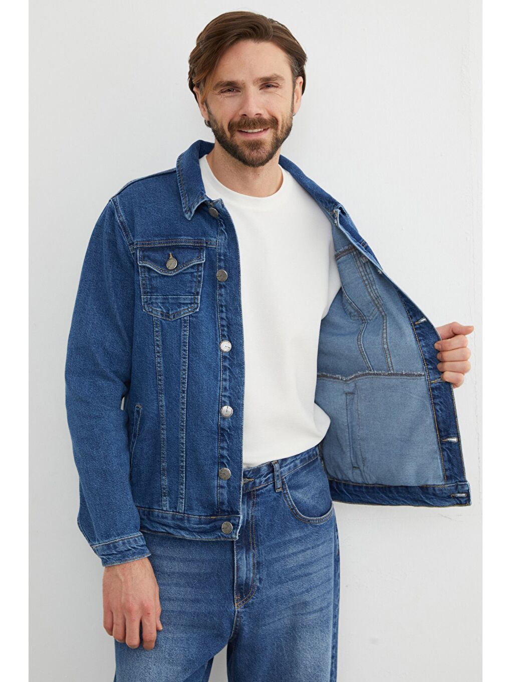 Mavi Düğmeli Cepli Jean Ceket-4