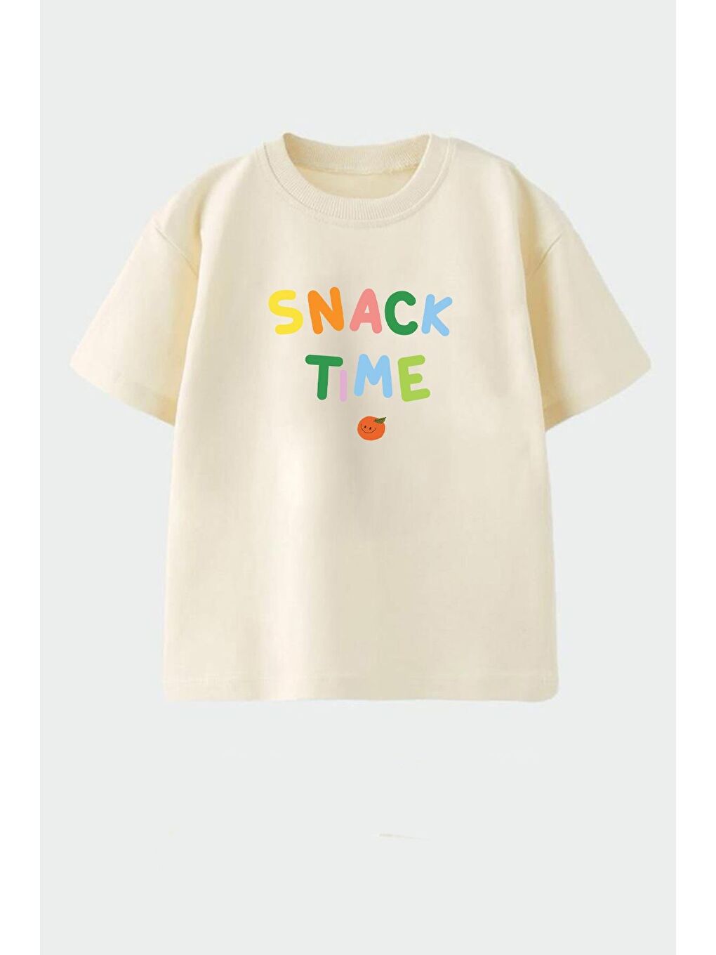 Bej Unisex Çocuk Pamuklu Bisiklet Yaka Baskılı T-Shirt