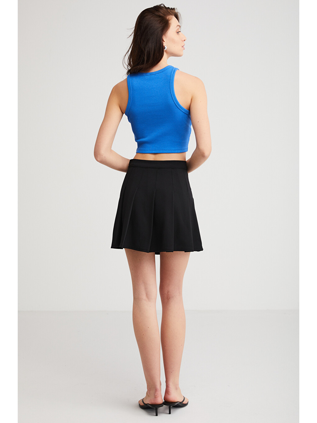 Joyce Kadın Slim Fit Dar Kalıp Sıfır Kol Bisiklet Yaka Örme Crop Mavi Atlet-5