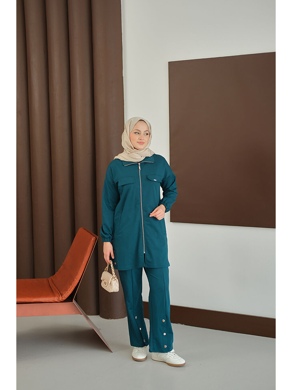 Kadın Yanları Çıtçıt Detay Fermuarlı Takım Petrol Mavi-4
