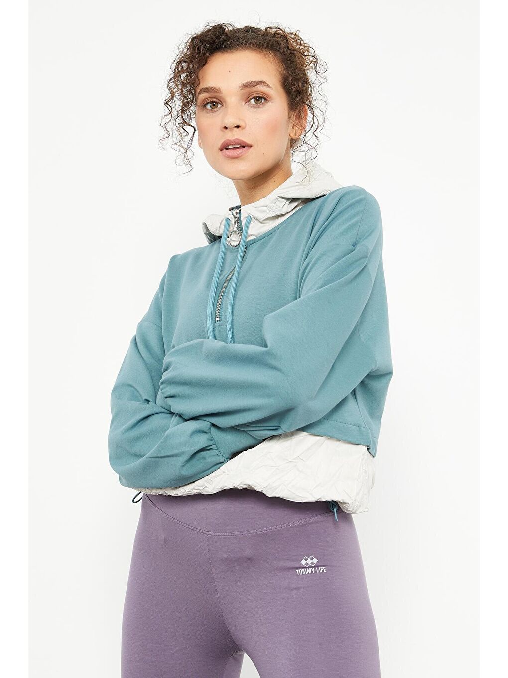 Mint Yeşili Balon Kol Paraşüt Kumaş Detaylı Kadın Oversize Sweatshirt - 97167-4