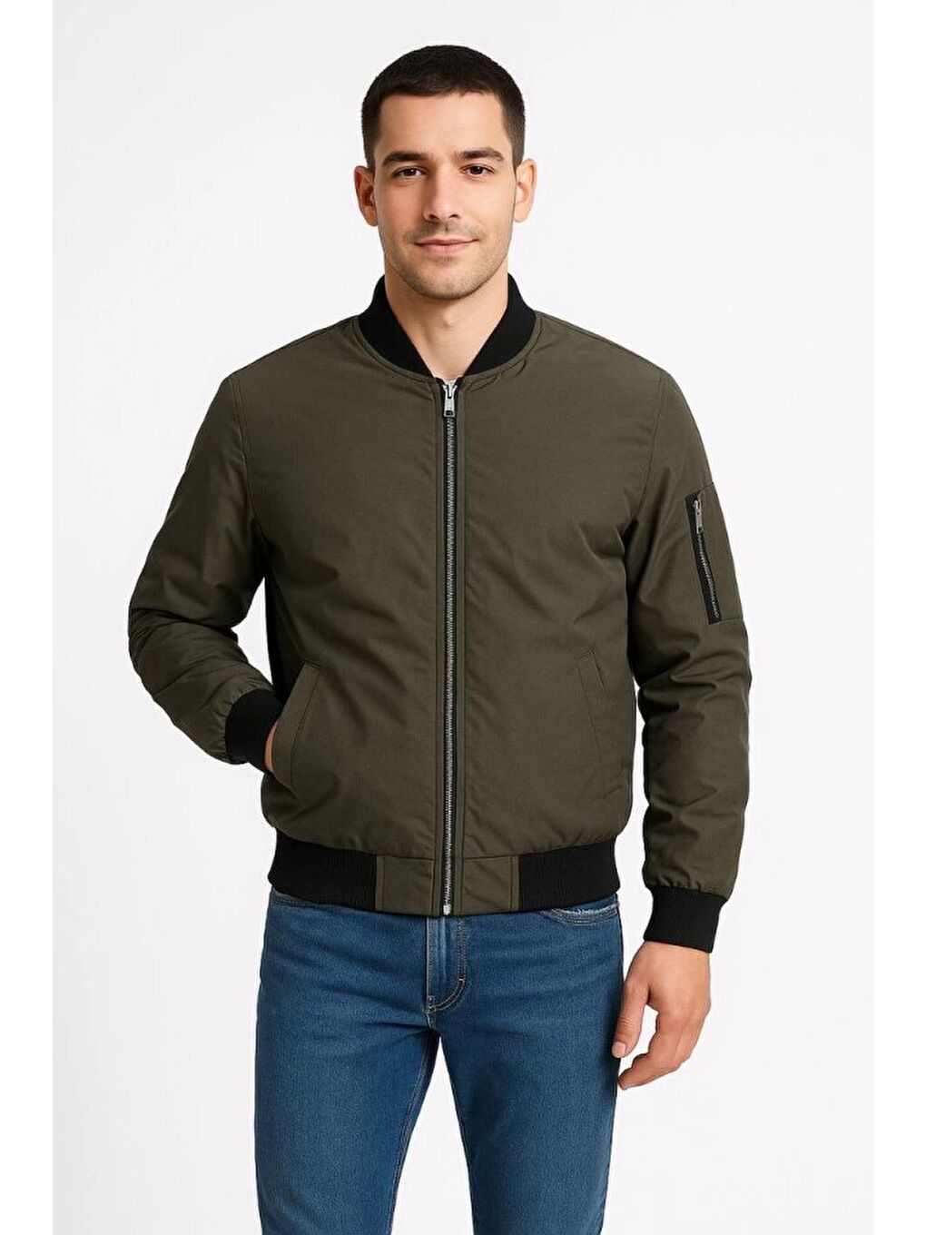 Erkek Içi Astarlı Fermuarlı Bomber Mont Ceket - Haki-3