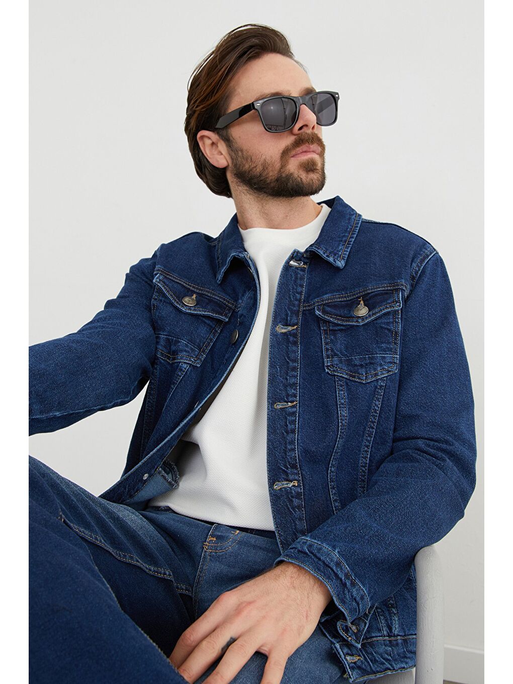 Mavi Düğmeli Cepli Jean Ceket