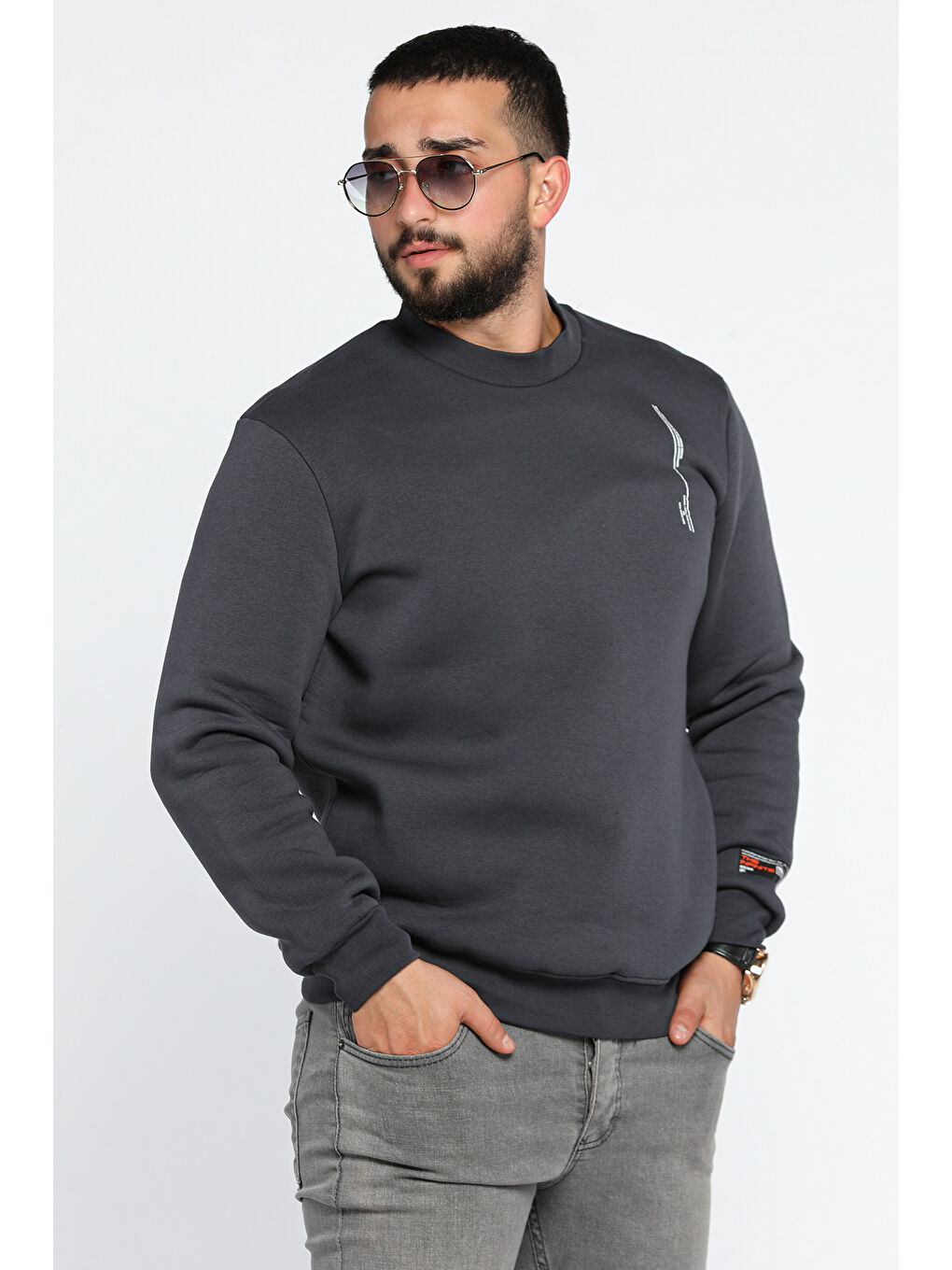 Mishar İtalia Gri Üç İplik Şardonlu Bisiklet Yaka Erkek Sweatshirt - 1