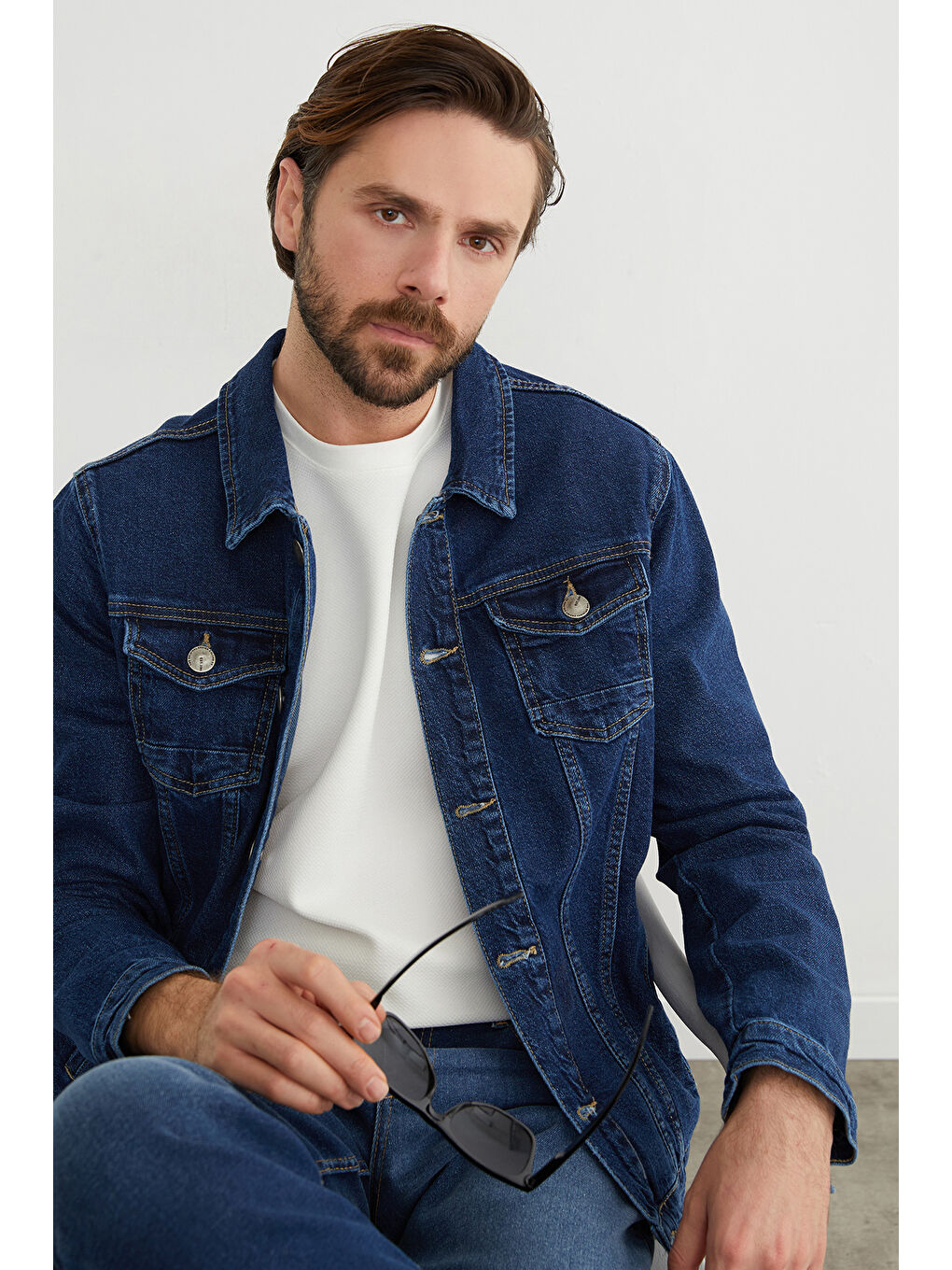 Mavi Düğmeli Cepli Jean Ceket-1