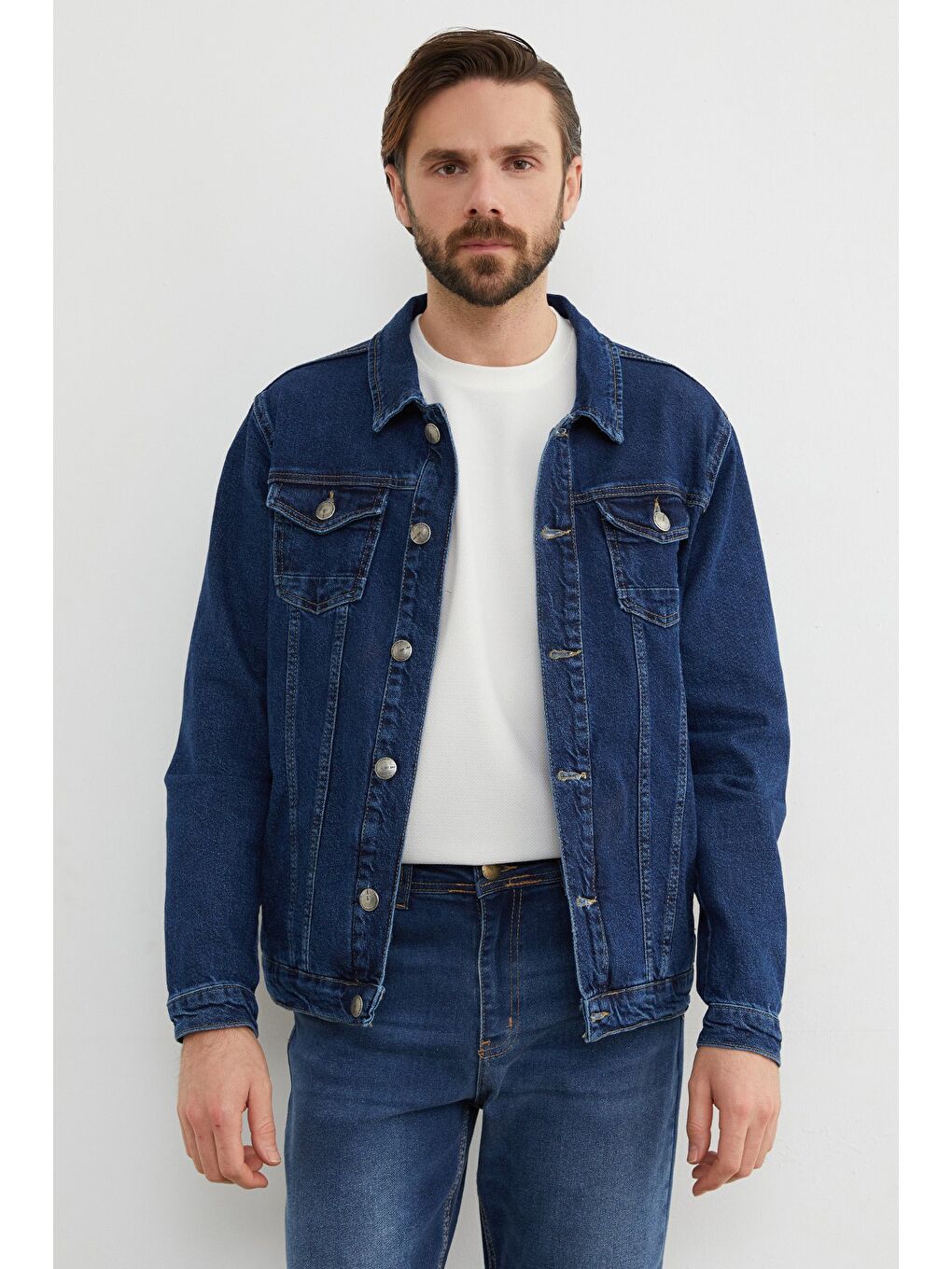 Mavi Düğmeli Cepli Jean Ceket-2