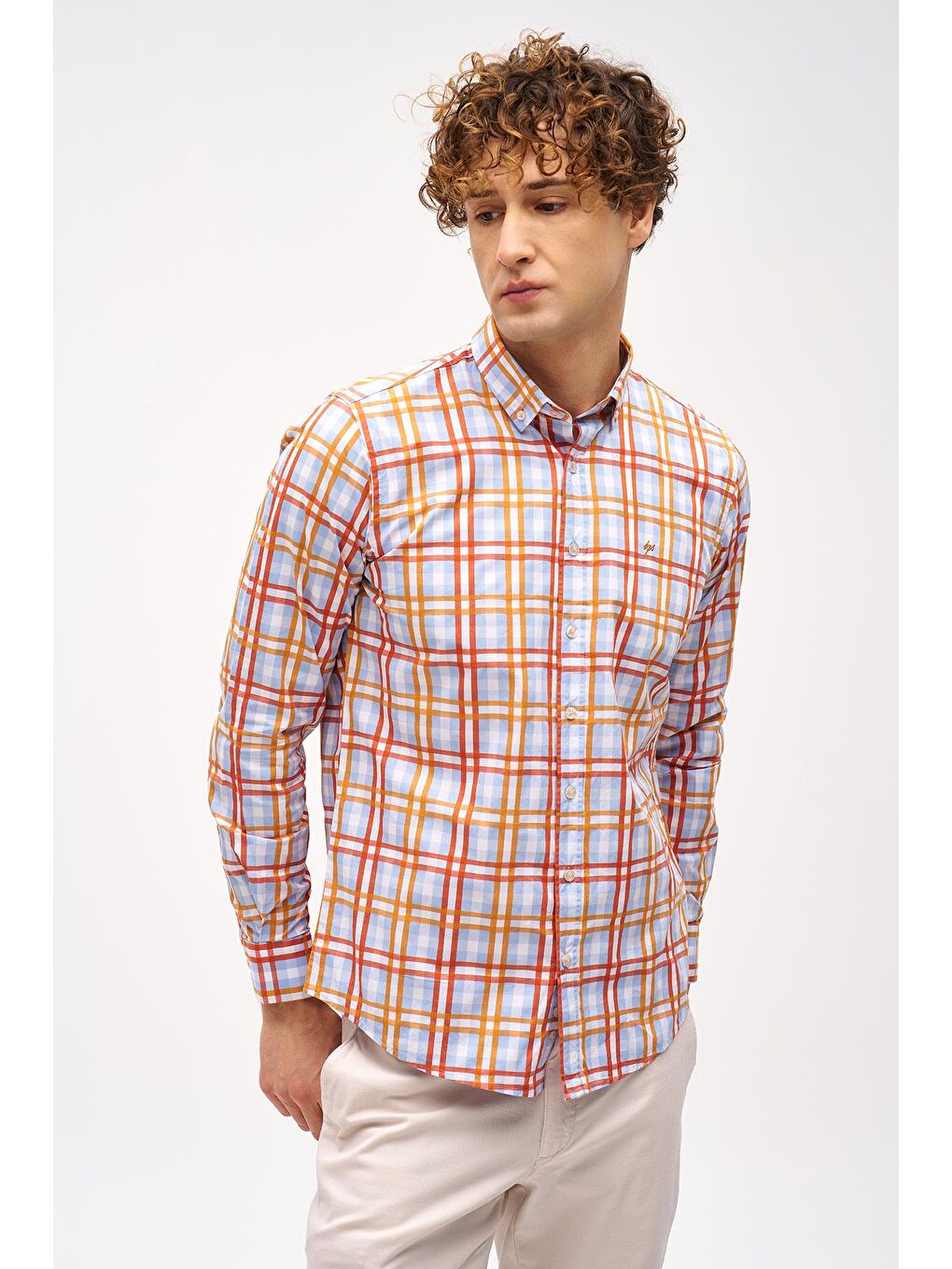 Turuncu Dynamic Fit  Düğmeli Yaka Ekose Uzun Kollu Cepsiz %100 Pamuk Gömlek-1