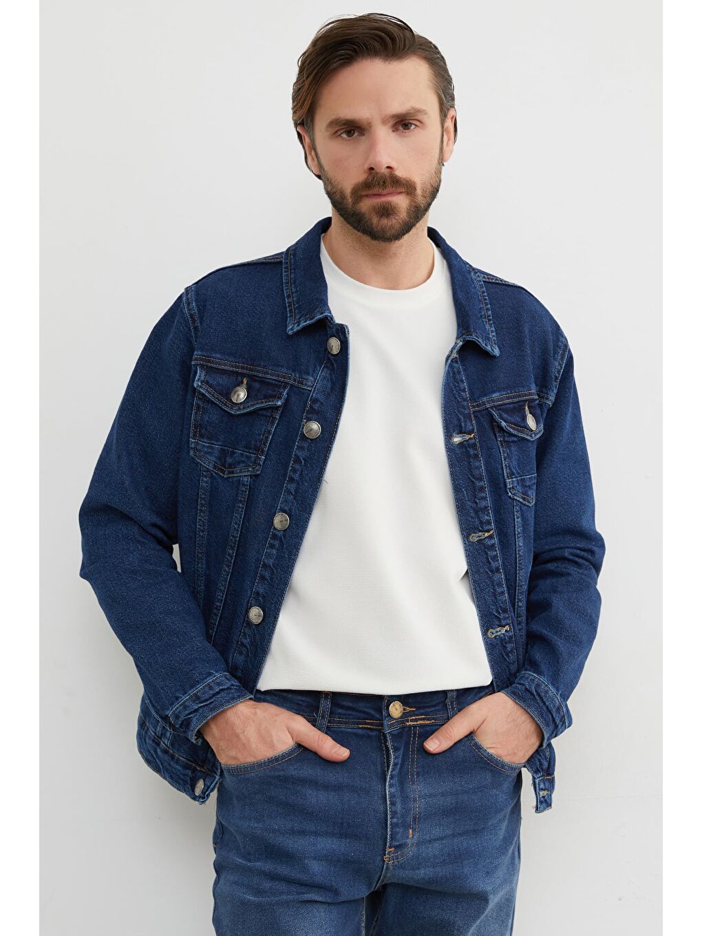 Mavi Düğmeli Cepli Jean Ceket-3