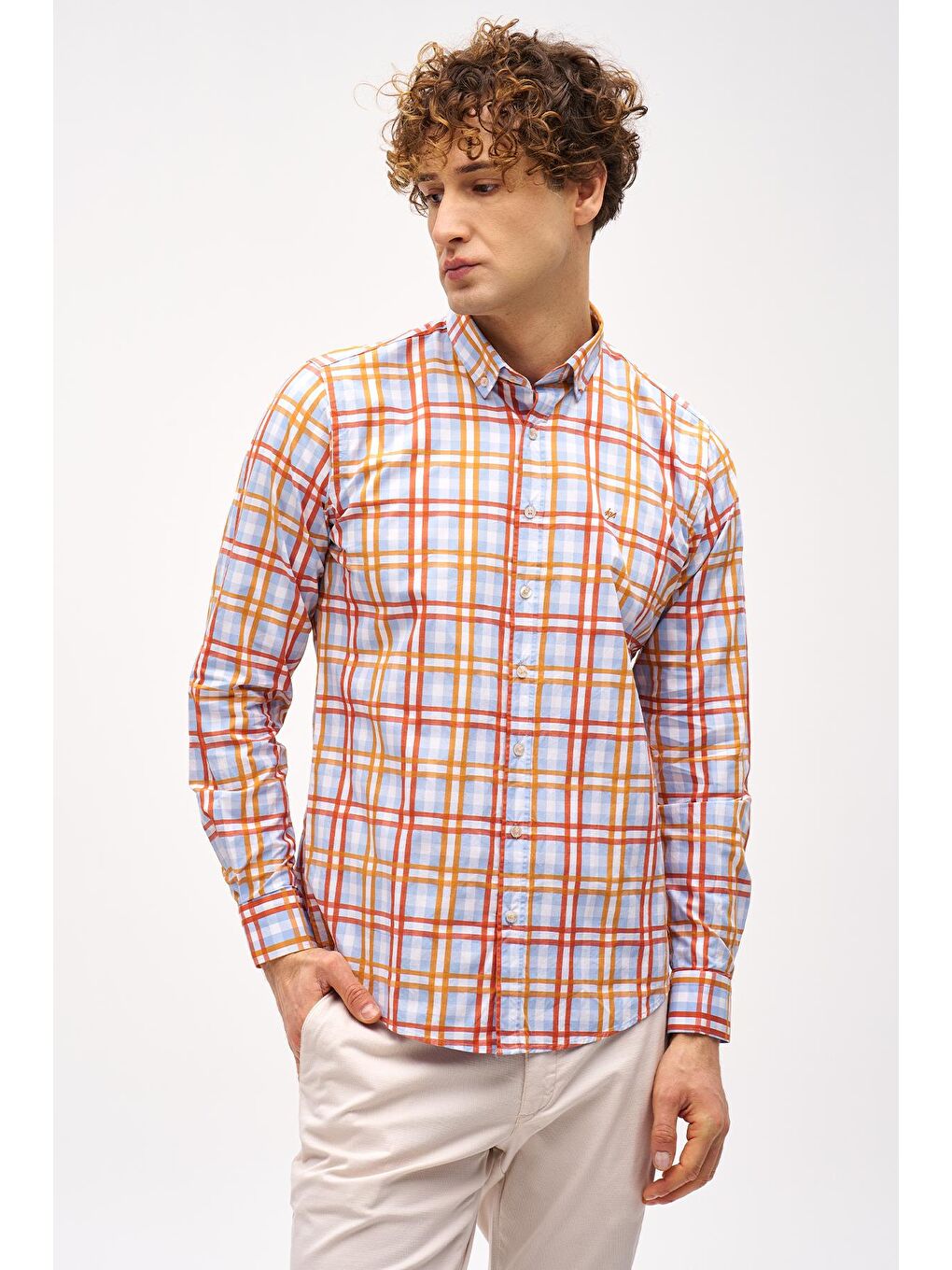 Turuncu Dynamic Fit  Düğmeli Yaka Ekose Uzun Kollu Cepsiz %100 Pamuk Gömlek-3