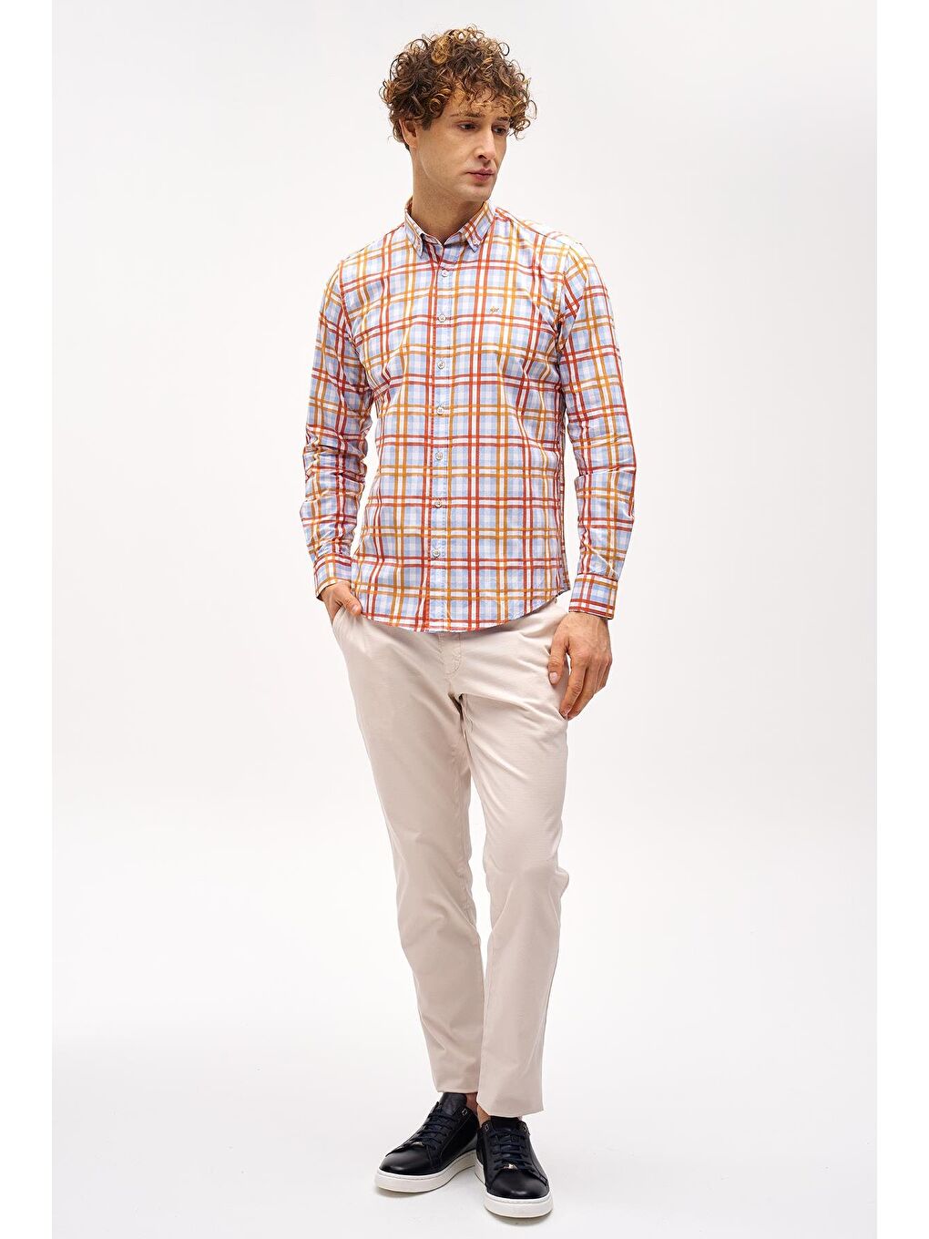 Turuncu Dynamic Fit  Düğmeli Yaka Ekose Uzun Kollu Cepsiz %100 Pamuk Gömlek-4