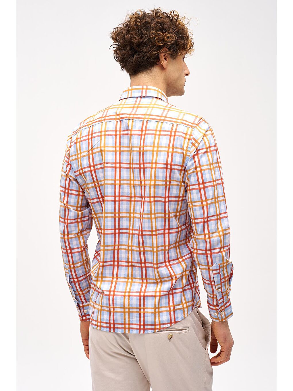 Turuncu Dynamic Fit  Düğmeli Yaka Ekose Uzun Kollu Cepsiz %100 Pamuk Gömlek-5