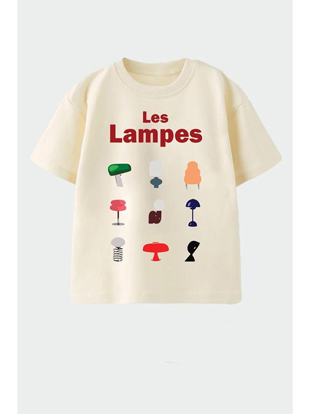 Bej Unisex Çocuk Pamuklu Bisiklet Yaka Baskılı T-Shirt-1