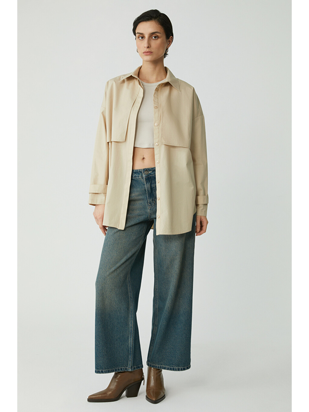 Joyce Kadın Slim Fit Dar Kalıp Sıfır Kol Bisiklet Yaka Örme Crop Açık Gri Atlet-3
