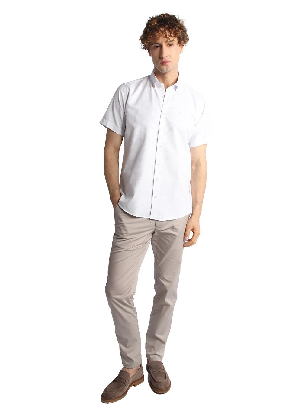 Erkek Mavi Regularfit / Rahat Kalıp Düğmeli Yaka Gömlek Kısa Kol-3