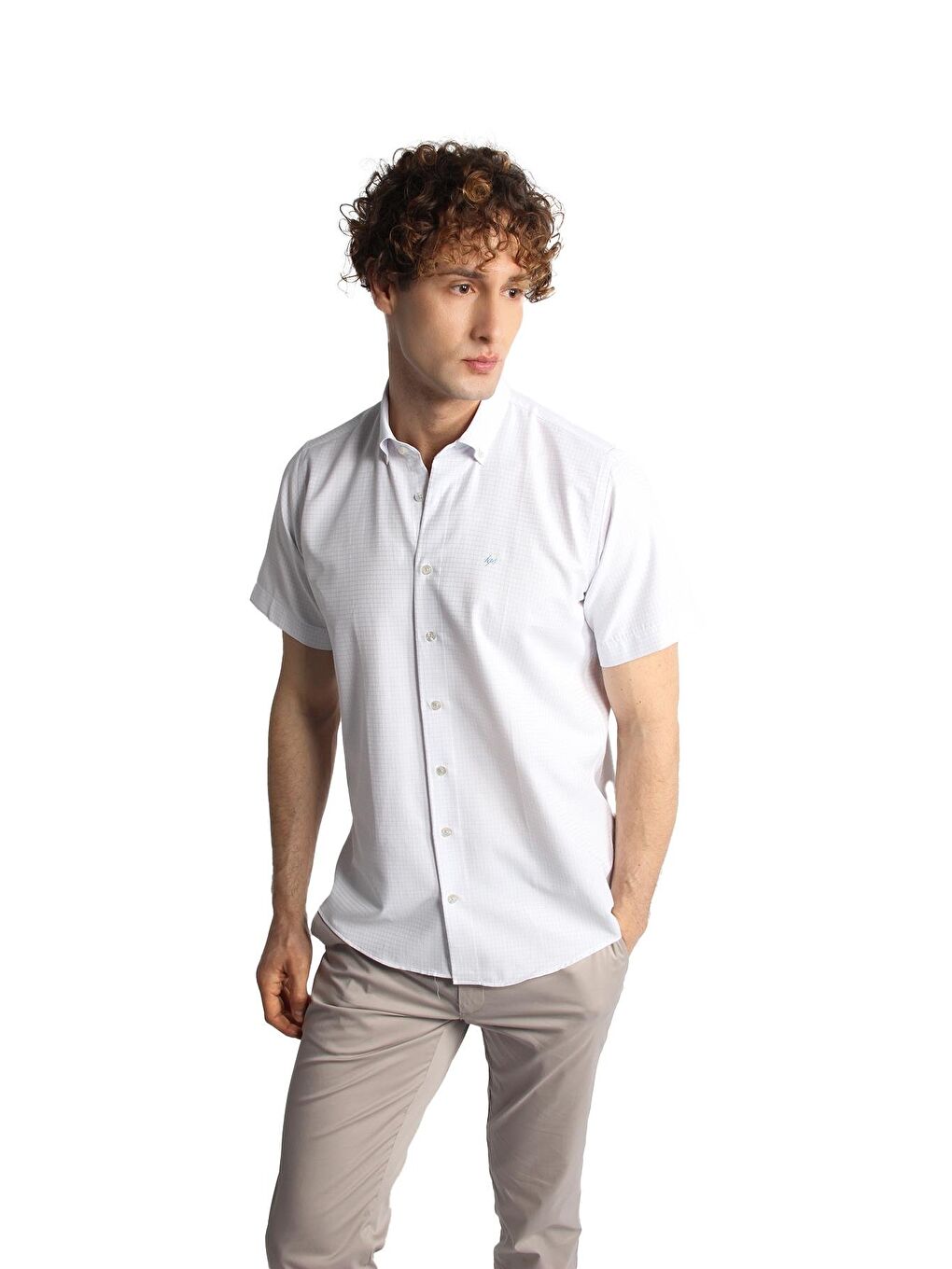 Erkek Mavi Regularfit / Rahat Kalıp Düğmeli Yaka Gömlek Kısa Kol-4