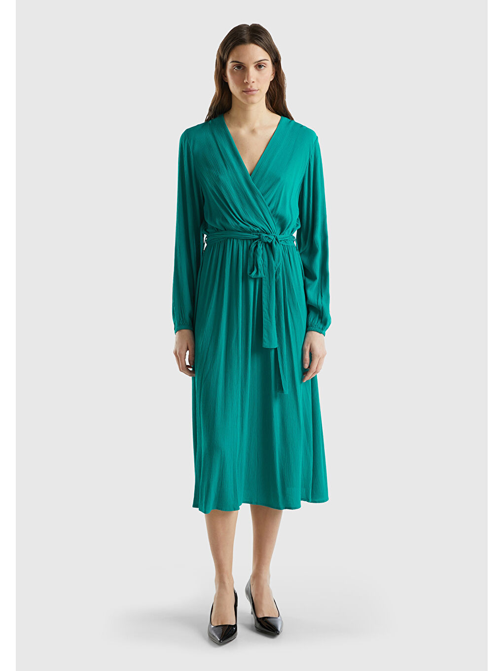 Kadın Petrol Yeşili %100 Viskoz Beli Kuşaklı Uzun Kollu Kruvaze Elbise