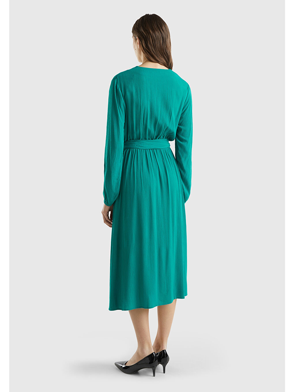 Kadın Petrol Yeşili %100 Viskoz Beli Kuşaklı Uzun Kollu Kruvaze Elbise-1