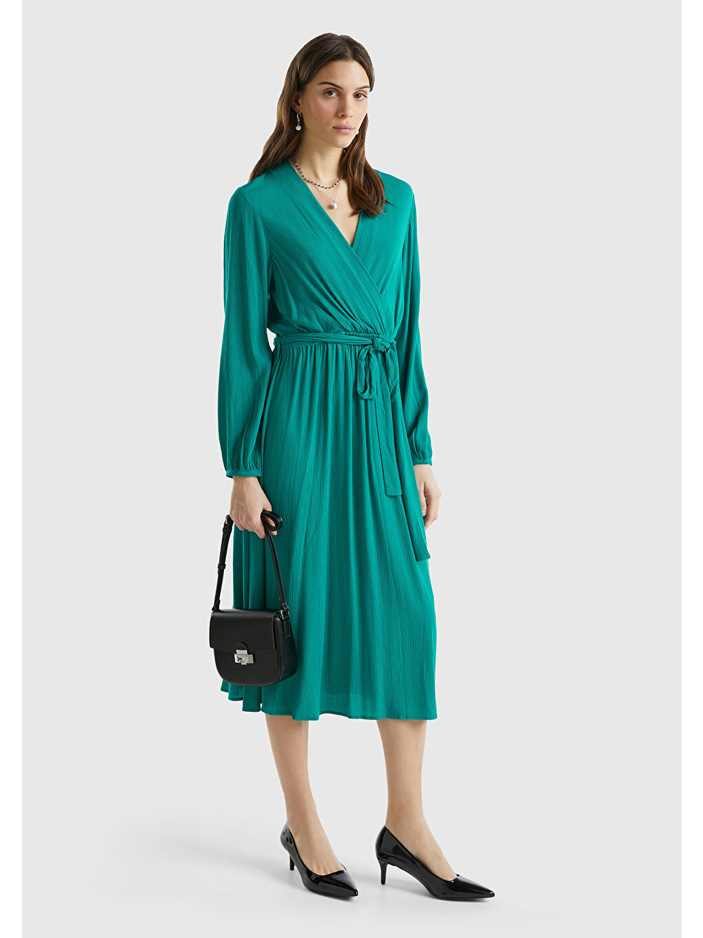 Kadın Petrol Yeşili %100 Viskoz Beli Kuşaklı Uzun Kollu Kruvaze Elbise-2