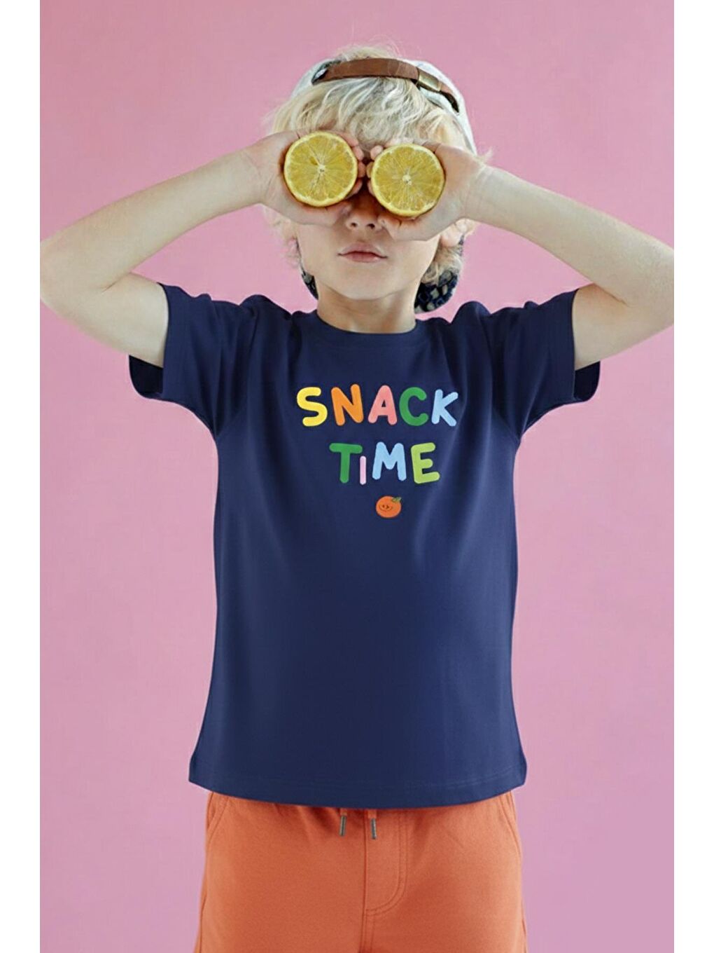 Lacivert Unisex Çocuk Pamuklu Bisiklet Yaka Baskılı T-Shirt