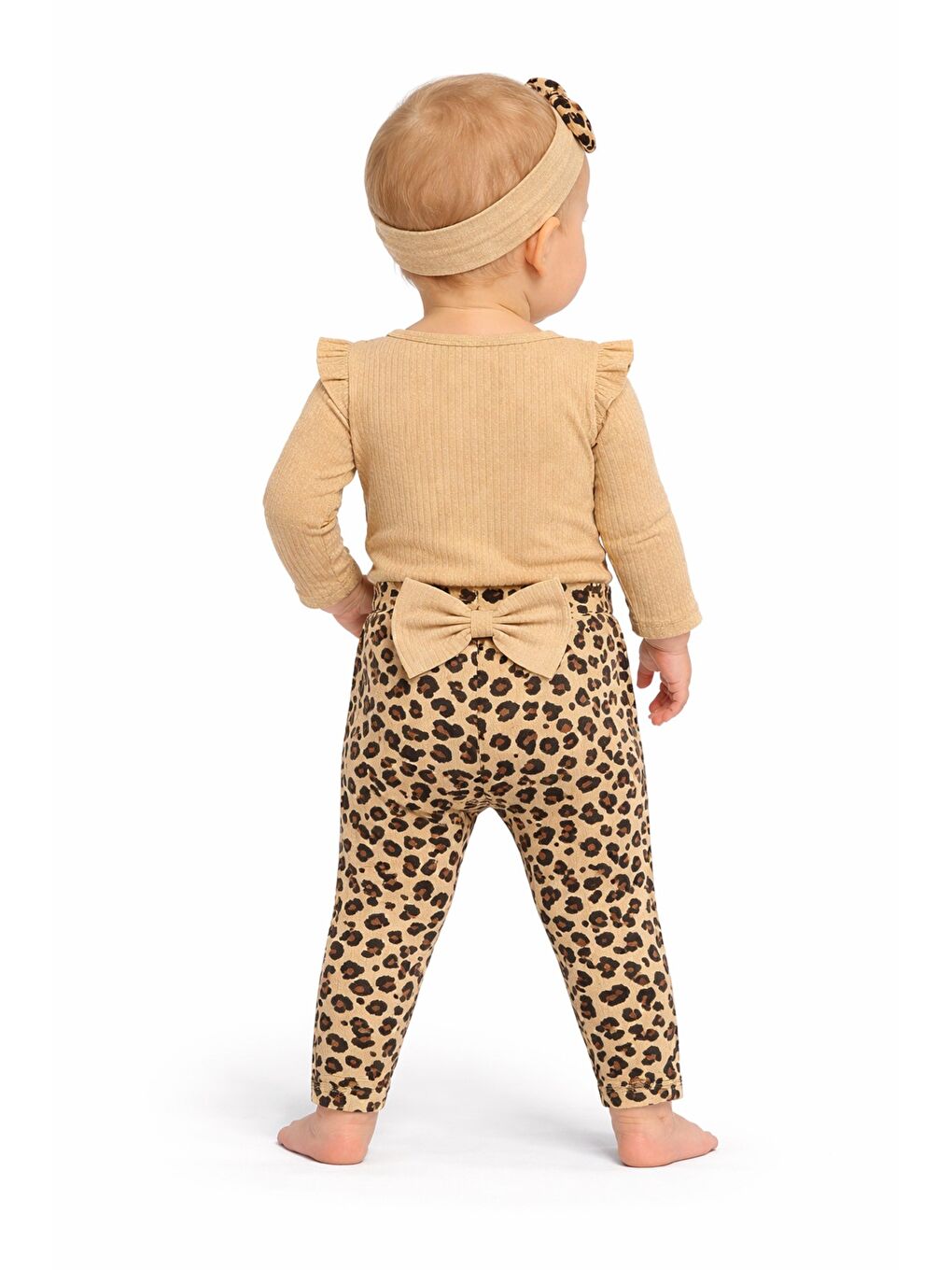 Kahverengi Tatlı Kız Bebek Kalpli Leopar Desenli Tarz Fitilli 3’lü Takım Saç Bantlı Kombin-1