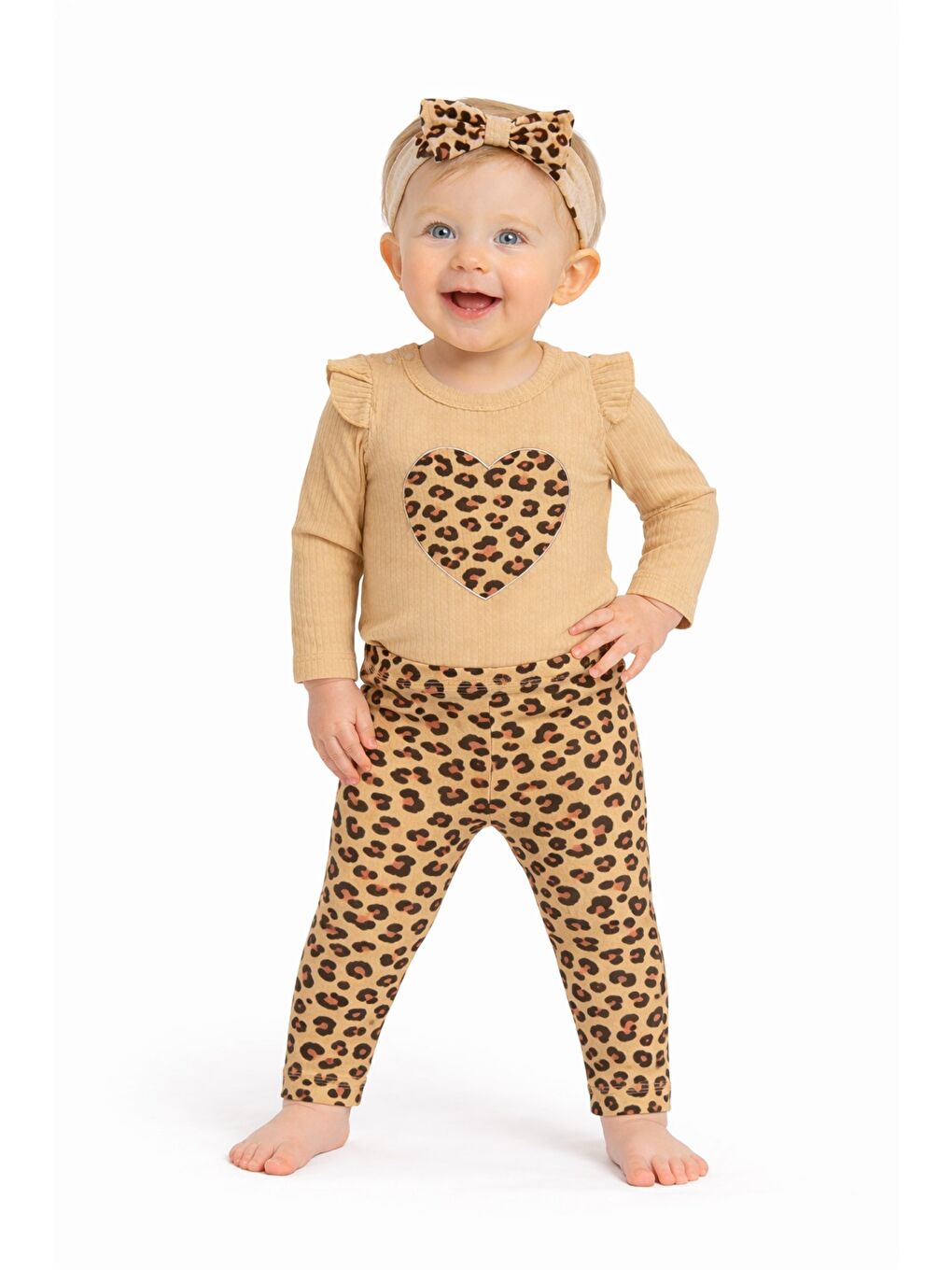 Kahverengi Tatlı Kız Bebek Kalpli Leopar Desenli Tarz Fitilli 3’lü Takım Saç Bantlı Kombin-2