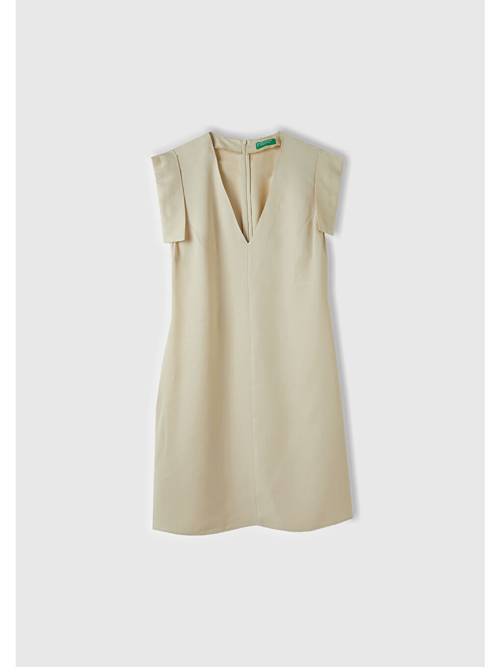 Kadın Bej %100 Liyosel Beli Daralan Yandan Fermuarlı V Yaka Elbise