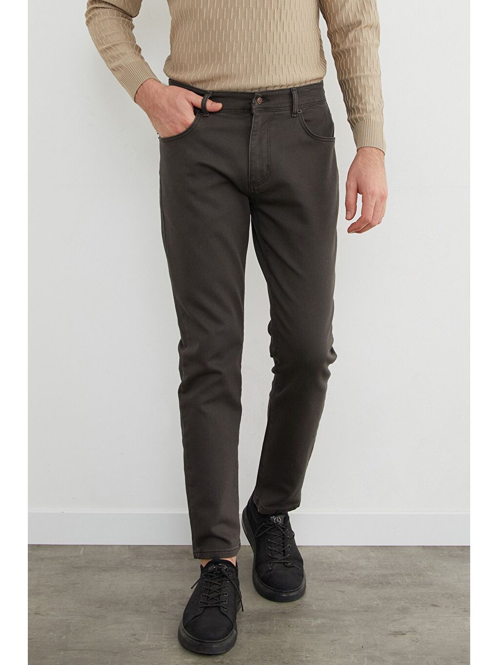 Kahverengi Fermuarlı Slim Fit Jean-3