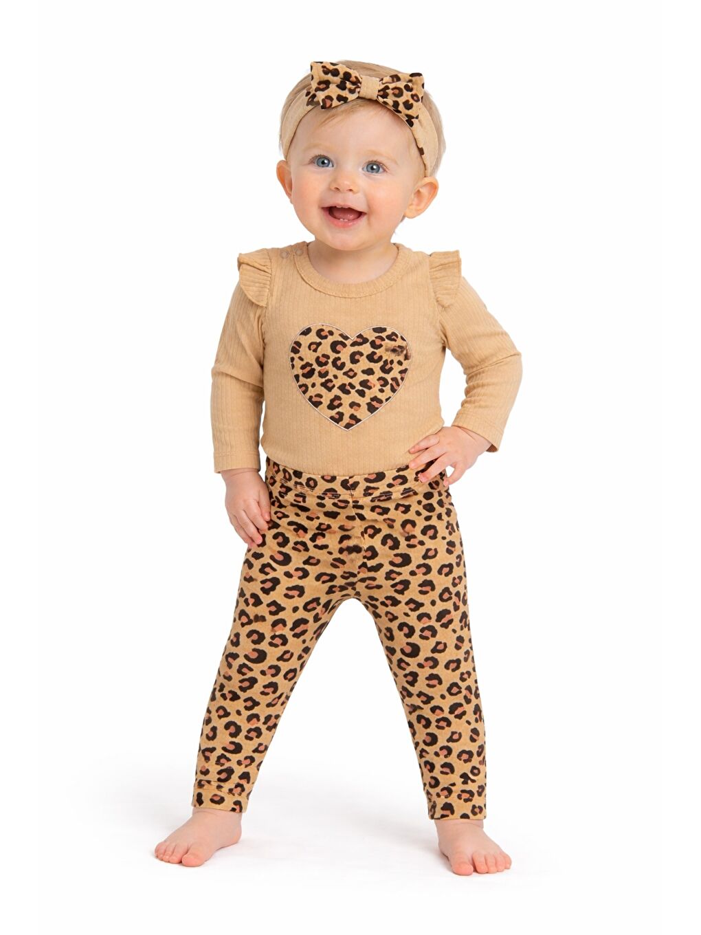 Kahverengi Tatlı Kız Bebek Kalpli Leopar Desenli Tarz Fitilli 3’lü Takım Saç Bantlı Kombin-3