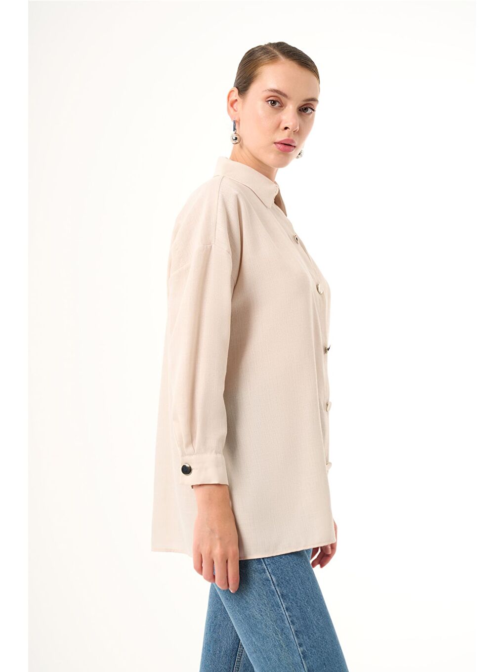 Keten Dokulu Over Bej Tunik-1