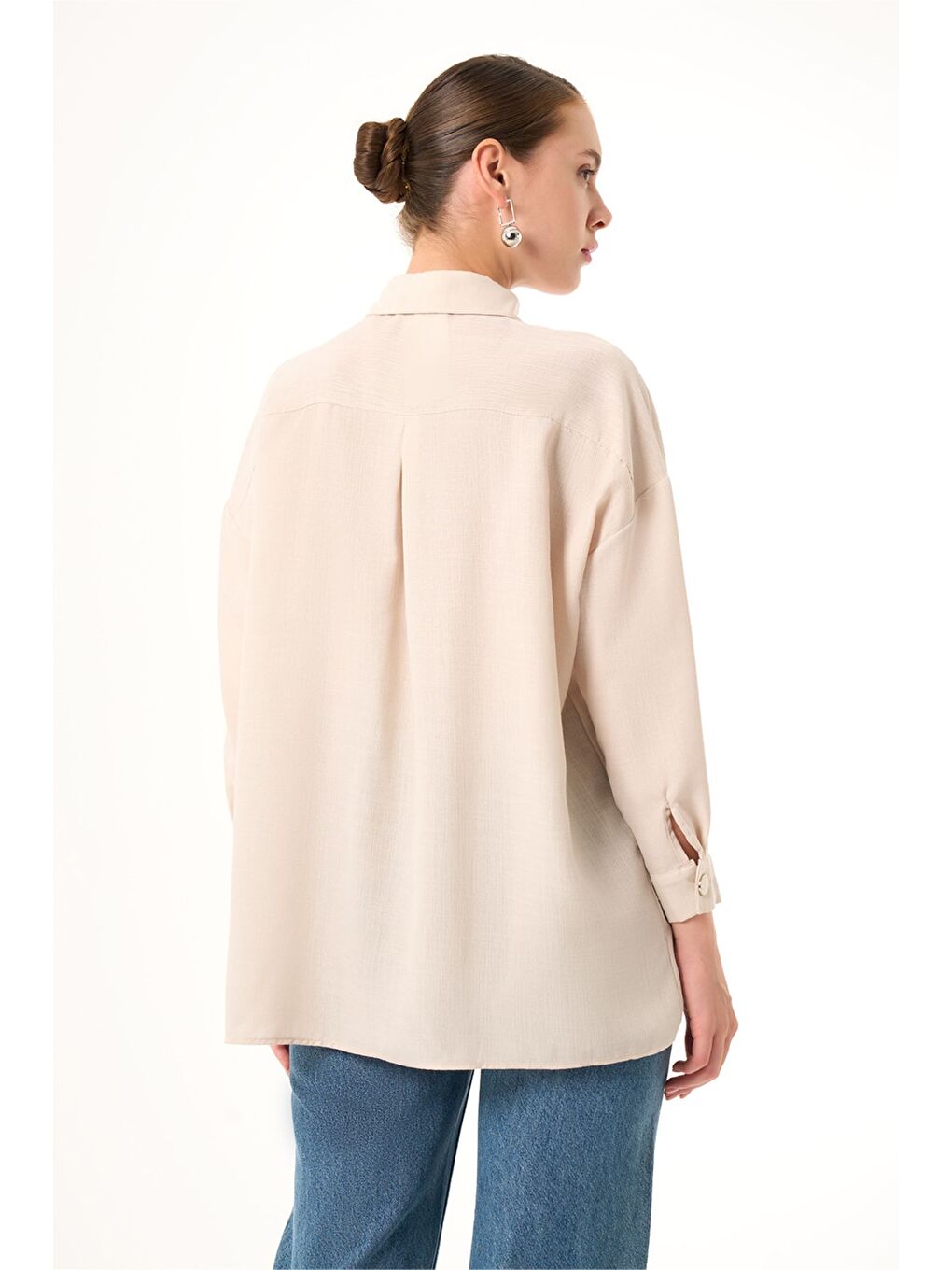 Keten Dokulu Over Bej Tunik-2