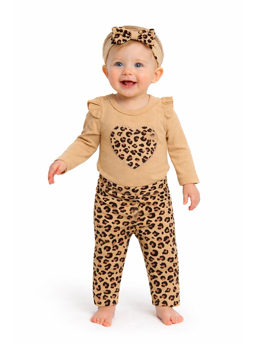 Kahverengi Tatlı Kız Bebek Kalpli Leopar Desenli Tarz Fitilli 3’lü Takım Saç Bantlı Kombin-5