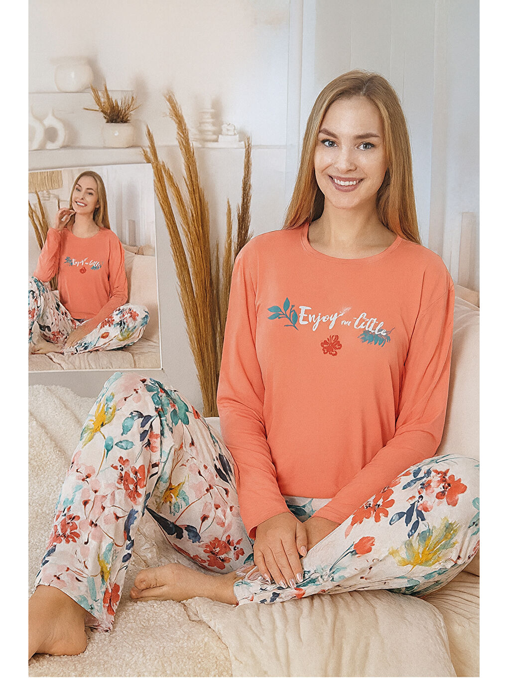 Kırmızı Kadın Çiçek Desen Saphire Pijama Takımı 0481 Nar Çiçeği-1