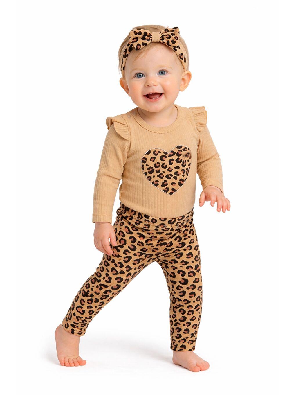 Kahverengi Tatlı Kız Bebek Kalpli Leopar Desenli Tarz Fitilli 3’lü Takım Saç Bantlı Kombin-6